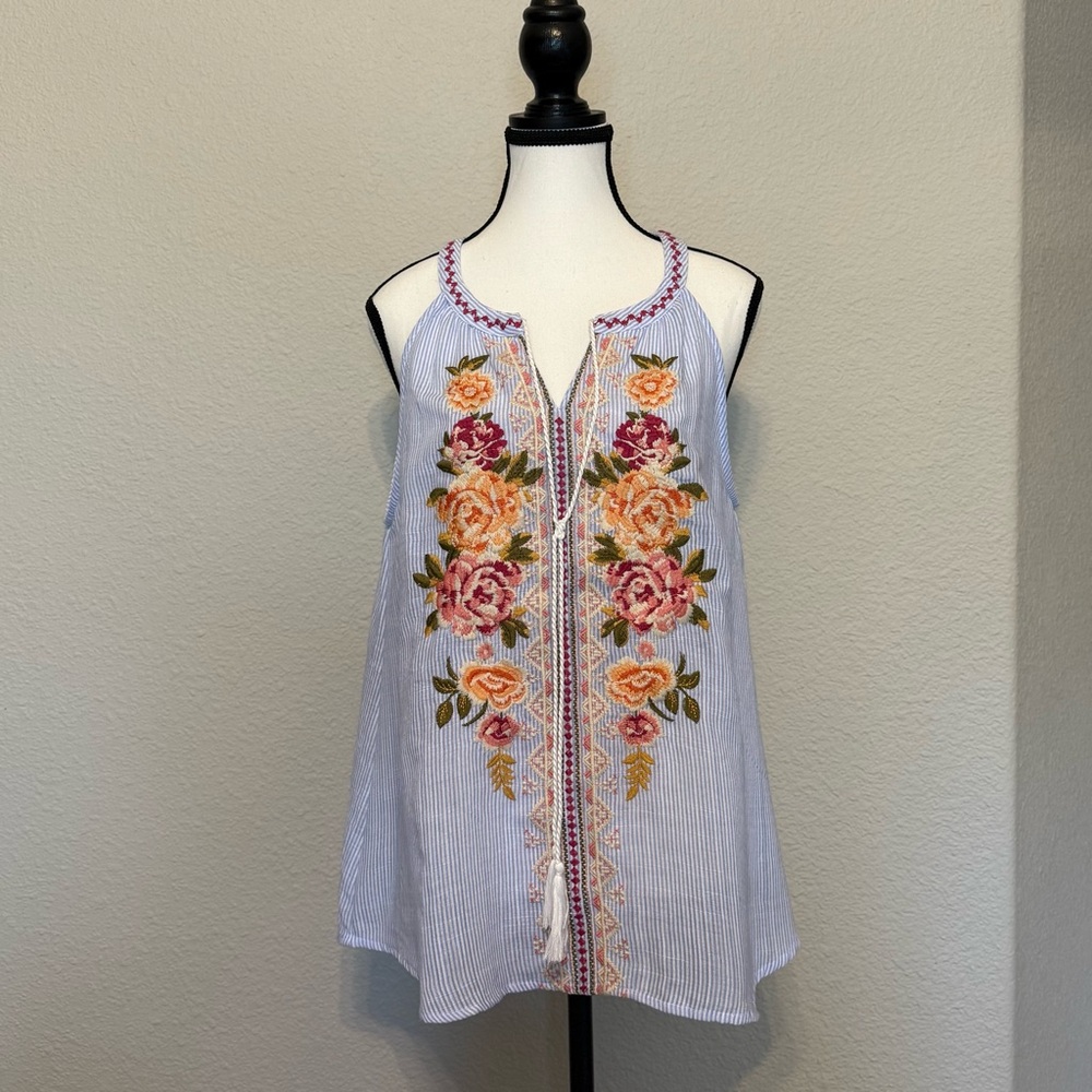 Embroidered Floral Striped Women's Top